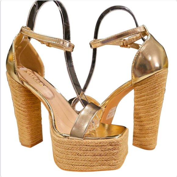 Gold Platform Espadrille High Heel Sandals With Ankle Strap Faux Leather & Braid